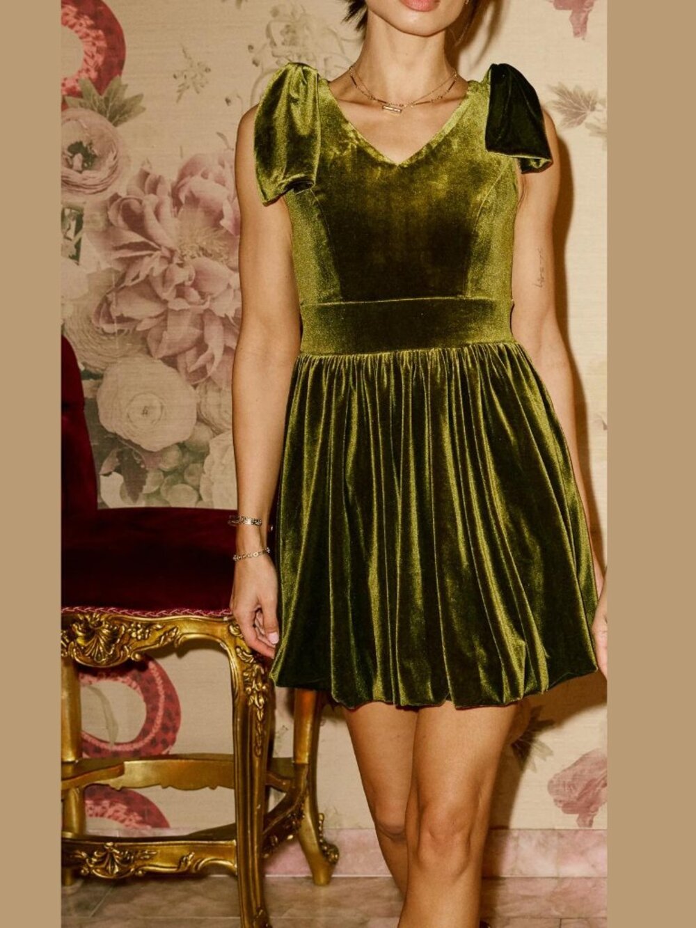 Bohme Liora Velvet Mini Dress in Green bubble skirt bows stretch party M NEW